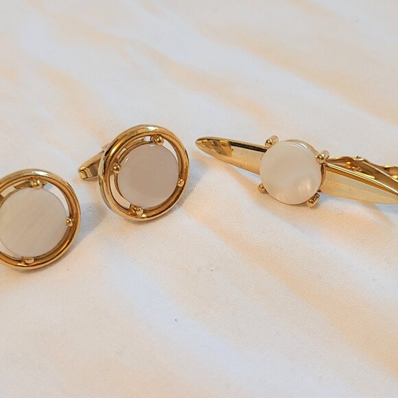Foster Gold Tone Mother Pearl White Tie Tack Clasp Cufflinks Men Accessories Set - Picture 9 of 9